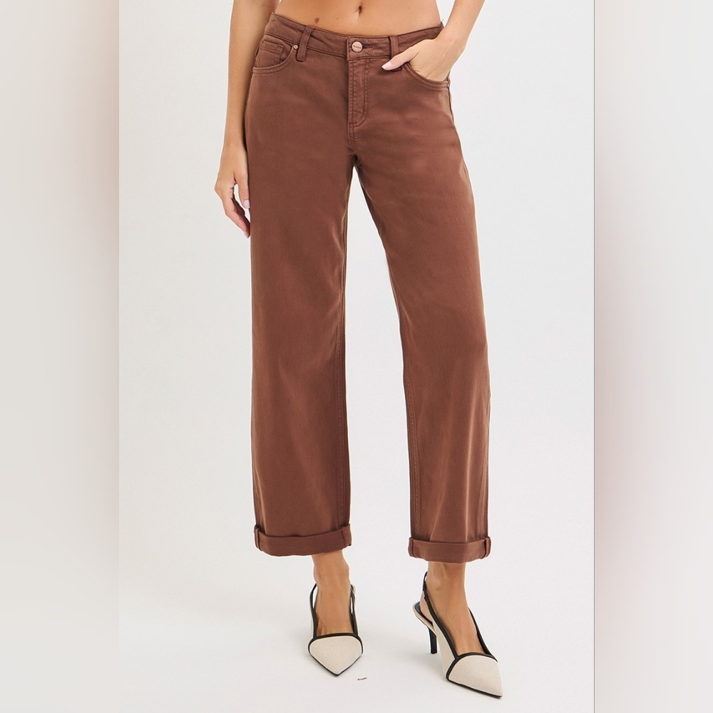 RISEN Mid-Rise Tummy Control Barrel Jeans Baggy Leg Rolled Hem Denim Pants Brown - Picture 10 of 16